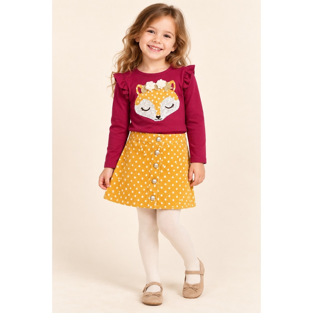 Catherine Malandrino Girls Fox Ruffle Top and Polka Dot Corduroy Skirt Set 4